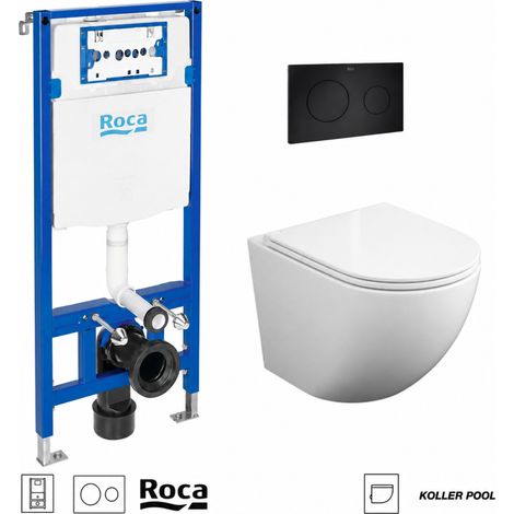 Pack WC Roca Duplo con Cisterna Empotrada y Pulsador PL10 Negro Mate + WC Round Smart 52cm Blanco Brillo Soft Close de Koller Pool