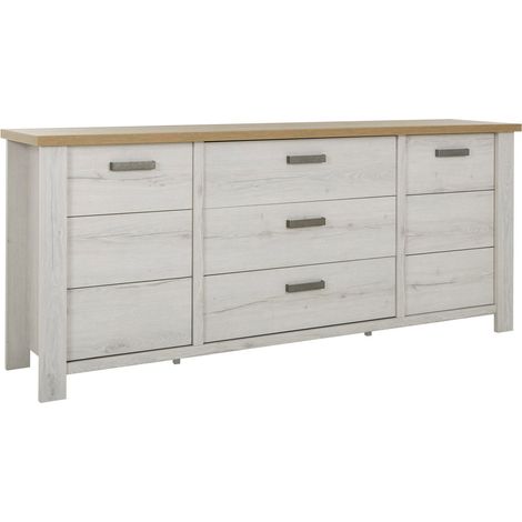 Buffet 2 portes 3 tiroirs 220x50x94 cm effet chêne blanchi - KAMPI