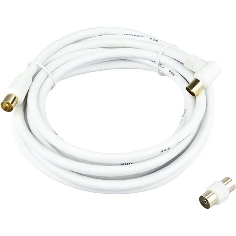 Câble Antenne TV 3M Coaxial RG-59 75 Ohms Double Blindage, Connecteurs Coude TV IEC 9,5mm Mâle à Mâche, Adaptateur Femelle-Femelle Nickelé Inclus – Pour TNT DVB-T2 Câble Satellite (1/5)
