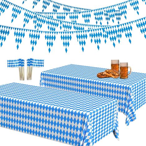 Decorazioni per la festa dell'Oktoberfest, 2 tovaglie con motivo a rombi bavaresi blu e bianchi + ghirlanda di bandierine bavaresi da 20 m + 100 bandierine a stuzzicadenti, decorazione da tavola bavar (1/5)