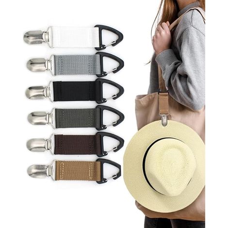 Set di 6 clip per cappello da viaggio in pelle PU per attività all'aperto, multifunzionali, con gancio a becco d'anatra, comode per i tuoi viaggi, clip per cappello da borsa