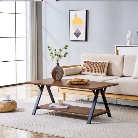 Tavolino lungo 110x57x44,5 cm, doppio vano portaoggetti, gambe in metallo, stile moderno minimalista, arredamento per soggiorno, arredamento per ufficio, tavolino da pranzo, noce (1/5)