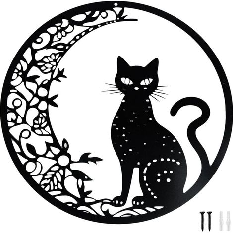 30 cm Decoration Murale Metal, Noir Lune et Chat Deco Murale Metal, Décoration Animaux Art Silhouette Convient Pour Les Salons, Chambres à Coucher, Bureaux Autres