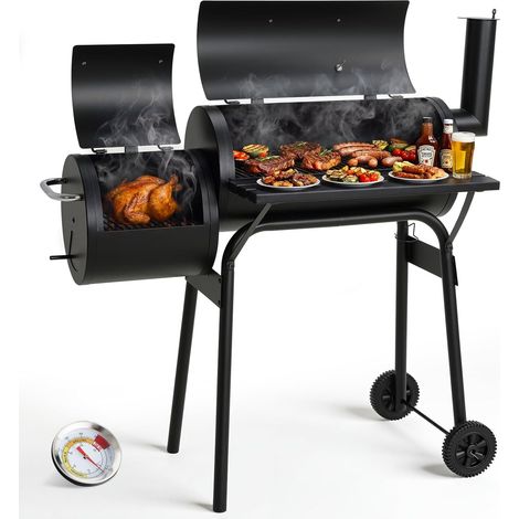 Barbecue Charbon de Bois,Barbecue Fumoir,Chariot Grill,BBQ Smoker avec Cheminée,Thermomètre,Roues,pour Jardin,Terrasse,Camping (1/5)