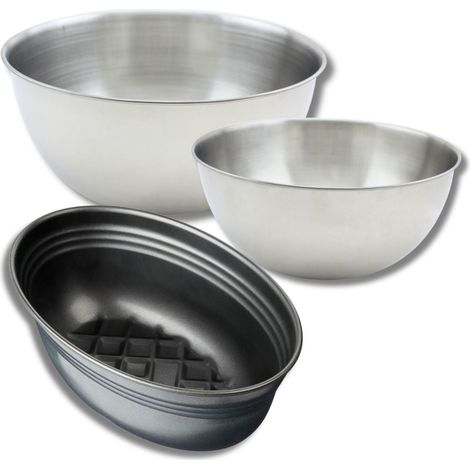 Lot avec 1 moule à pain 26 cm, 1 spatule Zenker et 2 bols à mixer en inox Fackelmann (1/5)