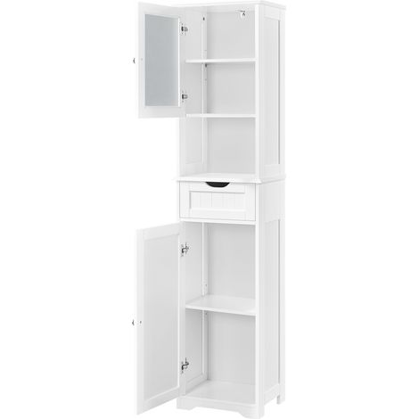 Yaheetech – Meuble colonne de salle de bain 170 cm – Armoire avec porte en verre – 1 tiroir et étagères réglables – MDF résistant à l'eau – Blanc