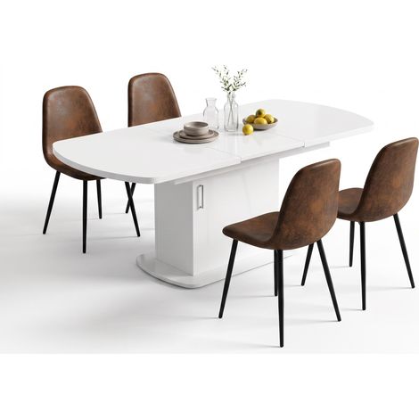 FurnitureR 5-teiliges Essset mit weißem Ausziehtisch und 4 Stühlen, Weißer Ausziehtisch 140–200 cm mit Stauraum, silberfarbenem Griff und 4 braunen Stühlen in Wildlederoptik (1/5)