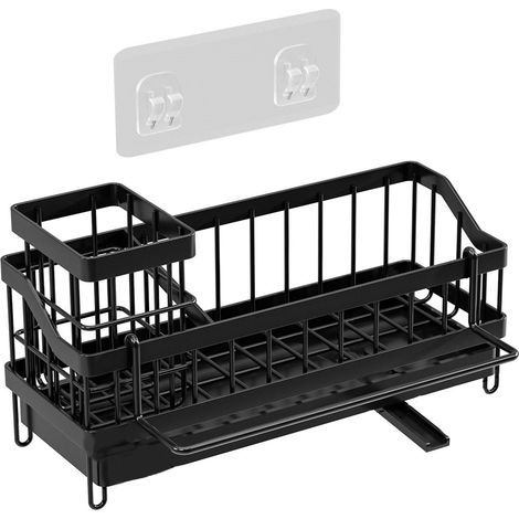 Rack De Rangement Pour Evier - Avec Bac A Ecoulement Et Porte-Eponges - Montage Mural Sans Perçage - Noir - 24,5 X 9 X 13 Cm (1/5)