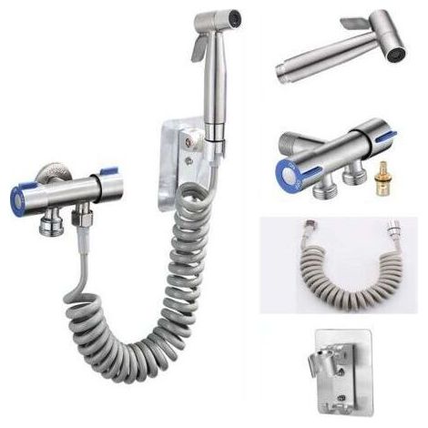 Ensemble pistolet pulvérisateur pour toilettes (pistolet pulvérisateur + tuyau 1,5 m + base sans poinçon + vanne d'angle à double commande) argent (1/5)
