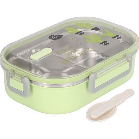 Boîte bento isotherme en acier inoxydable 304 – Motif cactus vert – Avec compartiments (1/5)