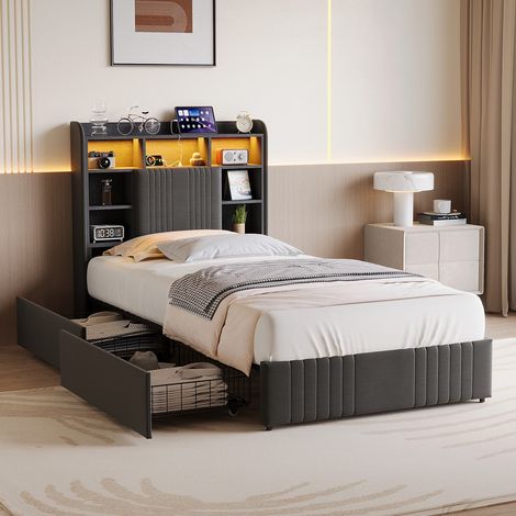 Letto singolo per adulti 90x200 cm – Testiera con scomparti multipli – Illuminazione a LED RGB – Rete a doghe – 2 cassetti – Biancheria grigia (1/5)