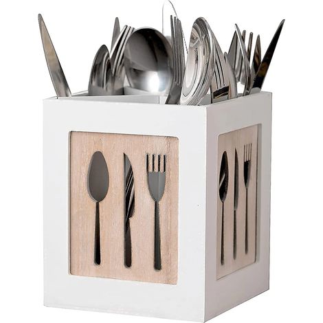 Porte-ustensiles de cuisine à 4 compartiments en bois massif et bambou pour cuillères, couteaux, fourchettes et baguettes.