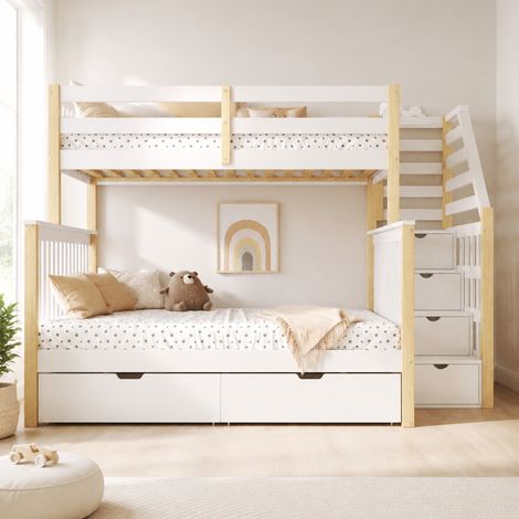 Letto a castello per bambini 90 x 200 / 140 x 200 con cassetti e scala, bianco naturale DESVIAE (1/5)