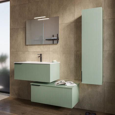 Meuble de salle de bain suspendu modulaire cannelé 90 cm vert sauge deux tiroirs avec lavabo Fuji (1/3)