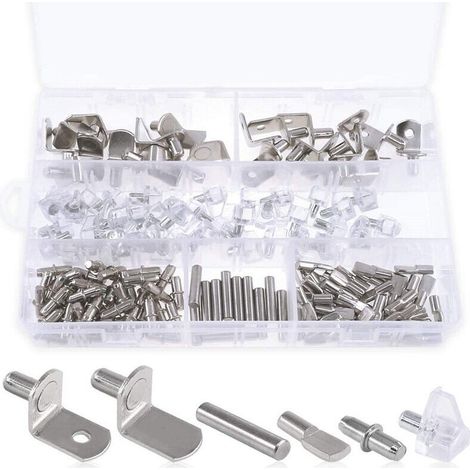 160-teiliges Regalstift-Set in 6 Ausführungen, vernickelt - PVC-Regalstifte - Flachstifte - L-förmige zylindrische Halterungen und Schrankdübel