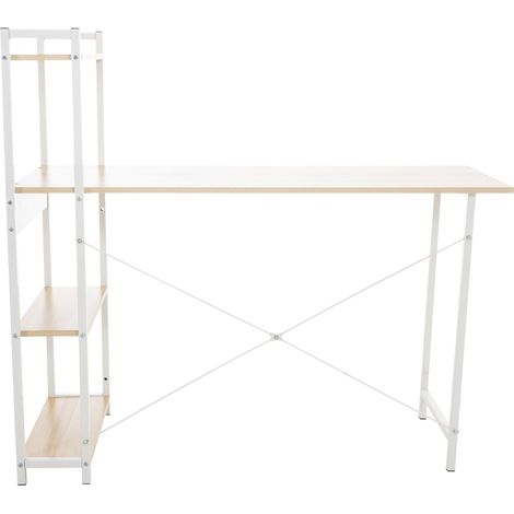 Tavolo da lavoro scrivania in stile retrò con colonna portaoggetti, ripiano in legno di acero e metallo bianco 100003616
