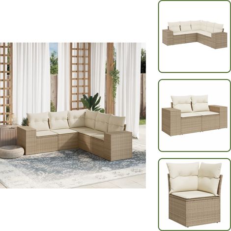 5-tlg. Garten-Sofagarnitur mit Kissen Beige Poly Rattan - Gartensorte - Outdoor Möbel - Gartenlounge - Rattanmöbel - Lounge Set (1/5)