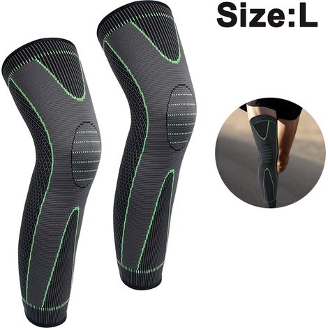 Genouillere Compression Longue - Pour Course Yoga Fitness - Hauteur 48-50 cm - Nylon - Noir Vert - 1 Paire (1/5)