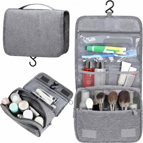 Trousse de toilette suspendue grise, organisateur de voyage avec crochet et fermeture éclair pour salle de bain. (1/5)