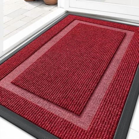 Tapis d'entrée imperméable pour intérieur/extérieur, résistant aux intempéries, en caoutchouc naturel, inaltérable, profil bas, facile à nettoyer, 84 x 53 cm, rouge bordeaux