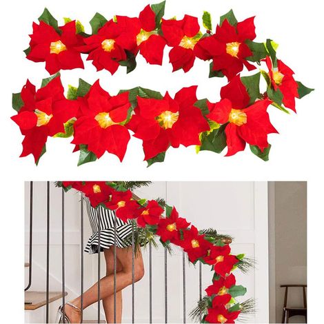 Guirlande lumineuse de Noël 10 LED fleurs de Poinsettia artificielles, décoration intérieure/extérieure pour sapin, fête et maison