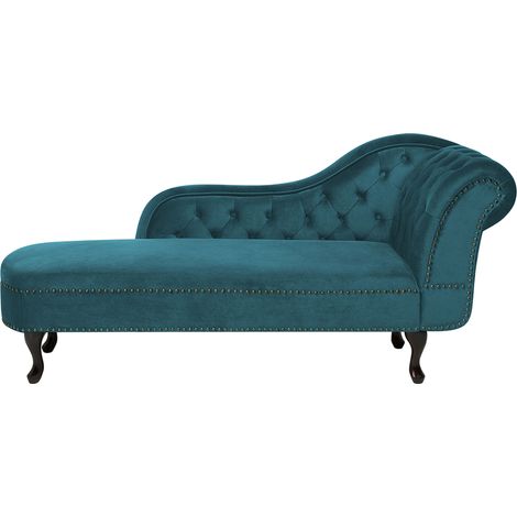 Chaise longue tapizado en verde azulado con botones versión derecha Nimes