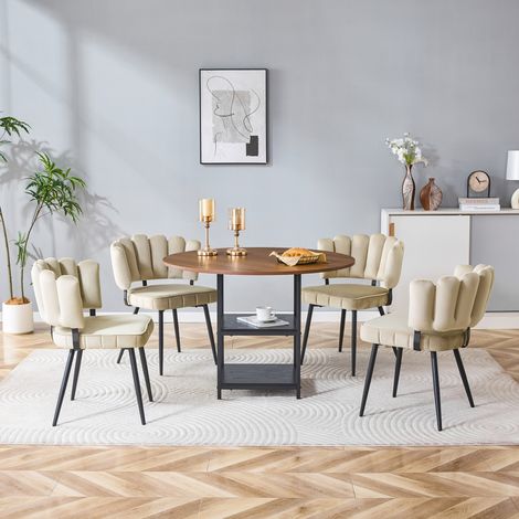 Conjunto de mesa redonda 107 cm con 4 sillas tapizadas color nogal y marrón claro (1/5)