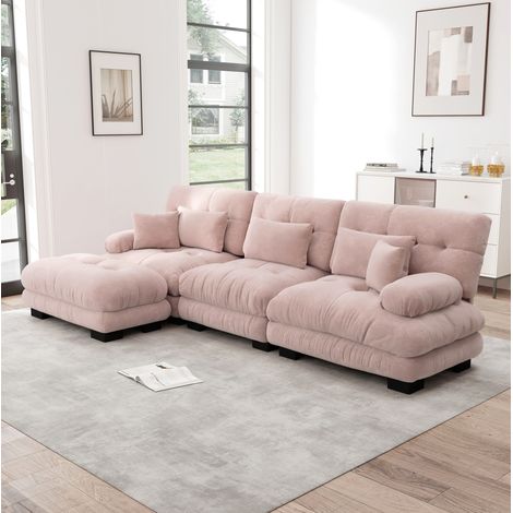Divano angolare modulare 313x145x81 cm in chenille rosa con ottomana, per soggiorni ampi – MEUBLIV (1/5)