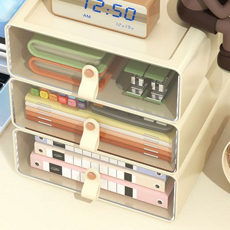 Boîte de rangement bureau compartiments transparent Grande capacité PET Organiseur créme (1/5)