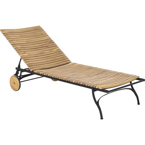 Sun Lounger Light Brown Acacia Wood Steel Frame 5 Position Reclining Backrest Garden Patio Relax LASCARI