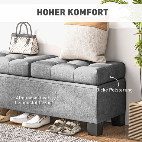 Banquette de rangement, banquette rembourrée aspect lin, coffre de rangement capitonné charge max 180kg, pour entrée, chambre, salon, 116x41x47 cm, Gris (1/4)
