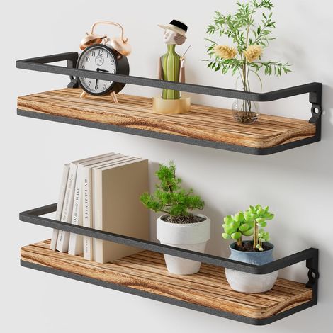 Lot de 2 Étagères Murales en Bois et Fil de Fer Étagères Flottantes Tablettes Industrielles Décoration Salon Chambre Bureau (1/5)