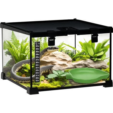 PawHut Glass Reptile Terrarium Insect Breeding Tank Vivarium Habitats with Thermometer for Lizards, Horned Frogs, Snakes, Spiders - Small 30 x 30 x 20cm