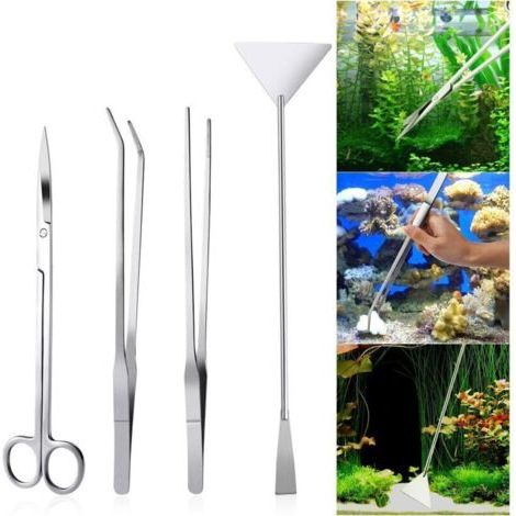 Bardusch - 4 pièces en acier inoxydable réservoir d'aquarium plante aquatique pince à épiler et ciseaux spatule ensemble d'outils (1/4)