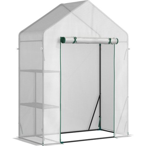 Walk In Greenhouse with 2 Tier Shelf, Portable Gardening Plant Grow House Tomato Greenhouse with Roll up Zip Panel Door, Reinforced PE Cover, 143 x 73 x 195cm, White
