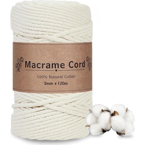 Corde Macramé 5mm Beige - Bobine Artisanale de 120m en Coton Naturel - pour Meuble Macramé, Suspension Robuste, Tenture Mural Structurée et Déco Bohème Contemporaine (1/5)