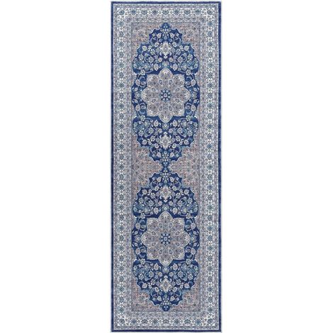 Tapis lavable vintage, motif médaillon floral, tapis d'appoint ultra doux pour salon, chambre, entrée, antidérapant, à poils courts, 60 x 180 cm (bleu)