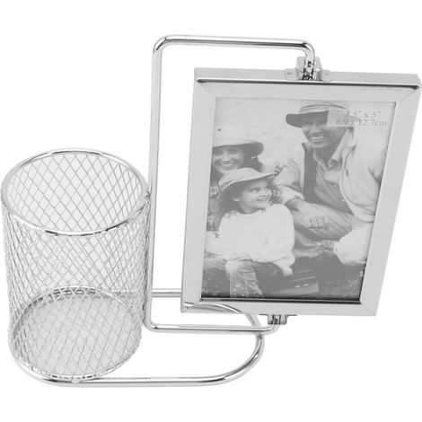 Porte-stylo/cadre photo en acier inoxydable, grande capacité, multifonctionnel, rotatif, décoratif pour bureau ou maison (1/5)