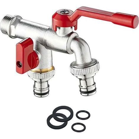 Robinet de jardin double - Robinet d'eau en laiton 3/4", robinet mural extérieur avec 2 sorties 3/4" pour jardin, Ma
