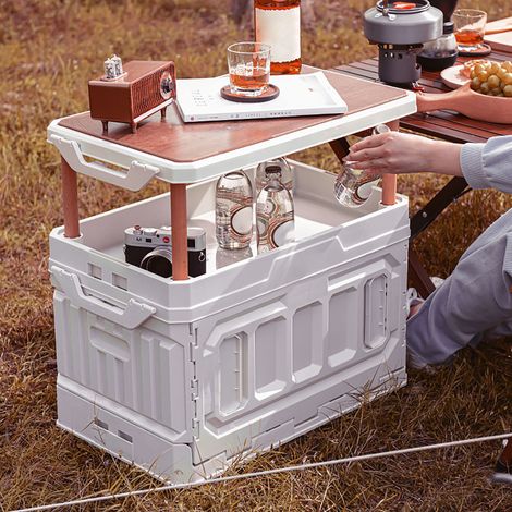 Coffre de rangement pliable grande capacité pour le camping, à trois compartiments, avec couvercle en bois, idéal pour la voiture, vert/blanc (1/5)