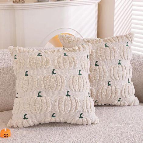 Set di 2 federe per cuscini a tema zucca di Halloween, 45 x 45 cm, in morbida pelliccia sintetica, stile rustico, beige (1/5)