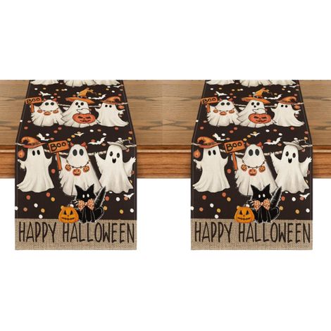 Camino de mesa de Halloween, decoración de mesa para el hogar y fiestas, 33 x 183 cm, fantasma, calabaza, gato negro (2 piezas) (1/5)