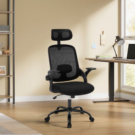 Chaise de Bureau en Maille WOLTU, Appui-tête et Accoudoirs Réglables, Support Lombaire, Dossier Inclinable, Chaise Pivotante, Hauteur Réglable, Noir (1/5)