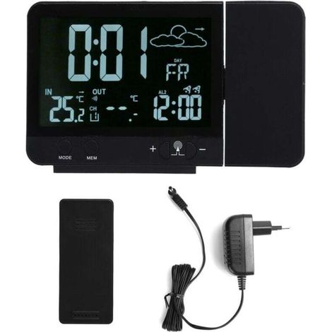 Horloge réveil avec projection, thermomètre hygromètre sans fil intérieur/extérieur, jauge de température et d'humidité. Alimentation EU 230V. (1/4)