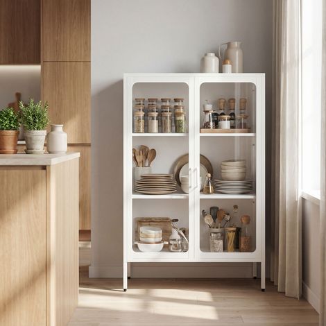 Armoire de classement métallique blanche 80x40x110 cm, 2 portes vitrées avec étagères réglables (1/5)
