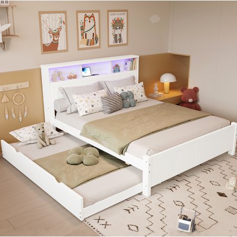 Cama doble moderna 120x200 cm con cama nido 90x190 cm, cabecero con almacenaje, LED y toma de carga, blanco (1/5)