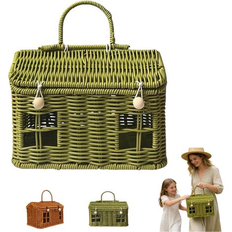 House Shape - Panier de pique-nique en rotin - Fabriqué à la main - Avec couvercle et poignée - 26 x 16 x 14 cm - Pour le rangement de pique-nique de voyage, vert
