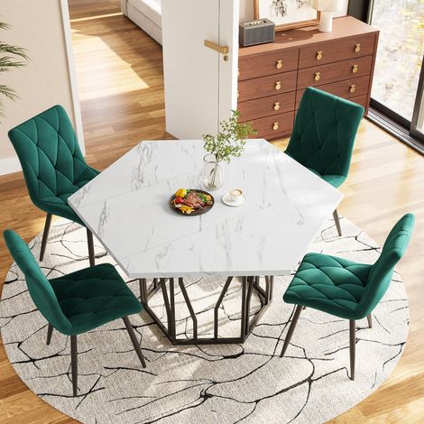 Ensemble table et chaises 5 pièces, table hexagonale effet marbre blanc, vert HAVRYA (1/5)