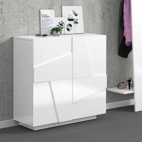 Mobile da Ingresso Bianco Lucido Scarpiera con 2 Ante Battenti in Legno (1/5)