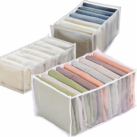 3PCS Organisateur de tiroir, Boîte de Rangement en Fit Pliab, Organisateur de Jeans à 7 Compartiments, Diviseur de Tiroir de gging à 7 Grils, Organisateur de T-shirt à 9 Compartiments - Blanc (1/5)